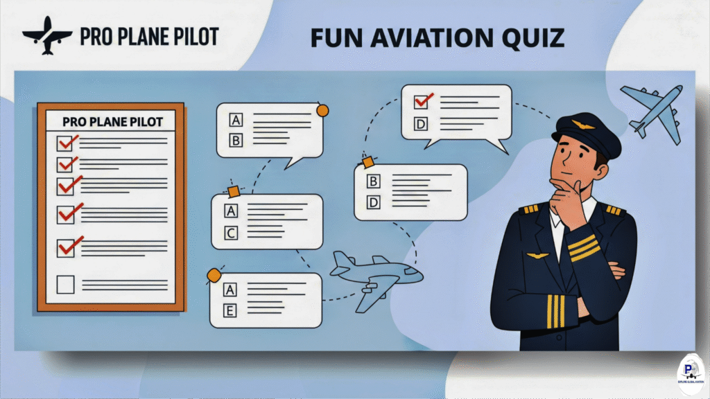 An illustration of a pilot contemplating a quiz, with various aviation-themed questions and "Pro Plane Pilot" branding, representing an interactive quiz section.